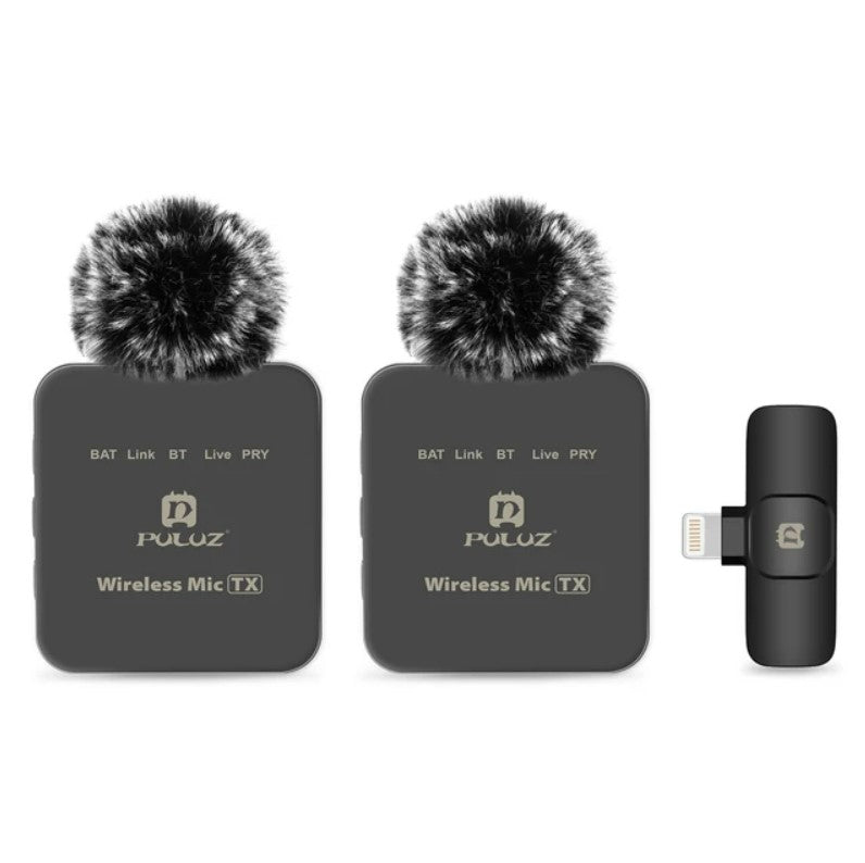 Two wireless microphone transmitter units with a receiver on a white background