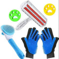 Pet grooming tools including a brush, roller, and gloves on a white background with paw prints.