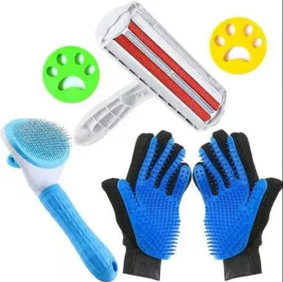 Pet grooming tools including a brush, roller, and gloves on a white background with paw prints.